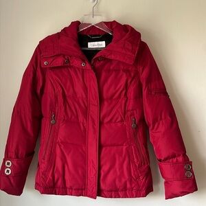 Calvin Klein Womens Full Zip Duck Down Red Puffer Coat Jacket PS